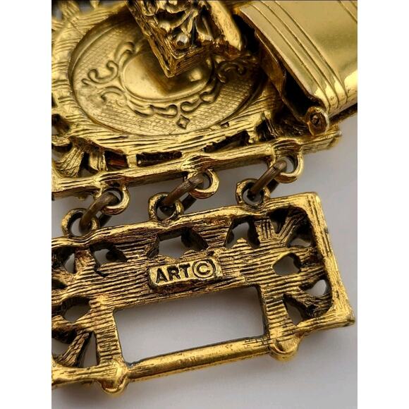 Vintage ART Signed Gold Tone Photo Locket Panel Bracelet Victorian Revival - Picture 10 of 10
